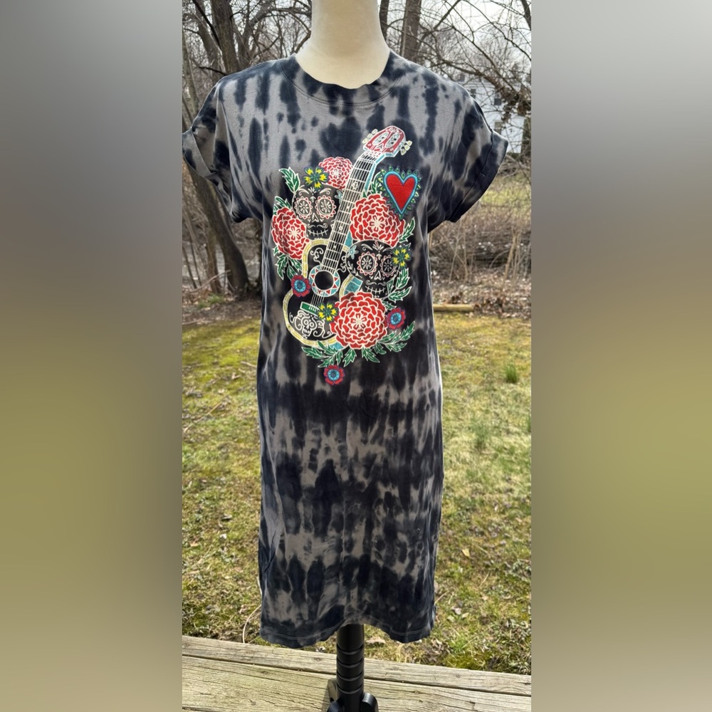 Disney Pixar COCO T-Shirt Dress Black & White Tie-Dye Pattern XS